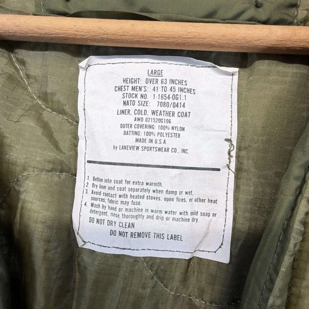 Vintage US Military Cold Weather M65 Field Coat Liner Size Large Woobie Green